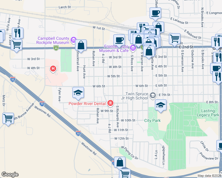 map of restaurants, bars, coffee shops, grocery stores, and more near 501-599 W 6th St in Gillette