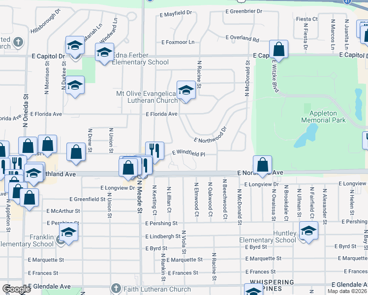 map of restaurants, bars, coffee shops, grocery stores, and more near 912 East Windfield Place in Appleton