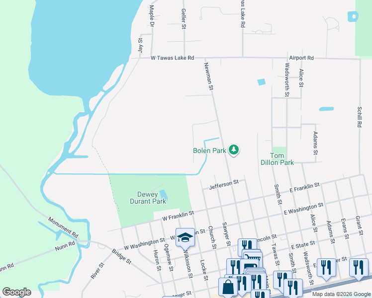 map of restaurants, bars, coffee shops, grocery stores, and more near Manning Lane in East Tawas