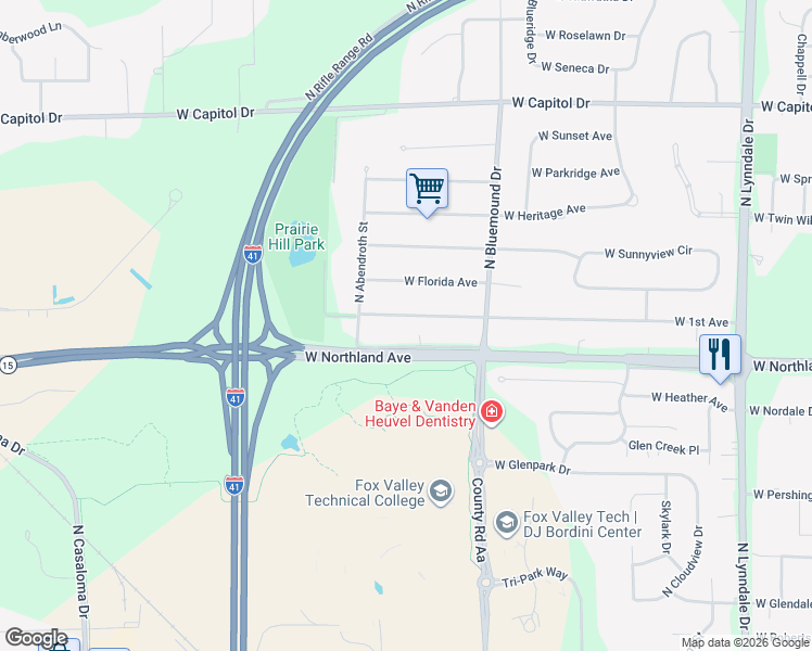 map of restaurants, bars, coffee shops, grocery stores, and more near 3585 West 1st Avenue in Appleton