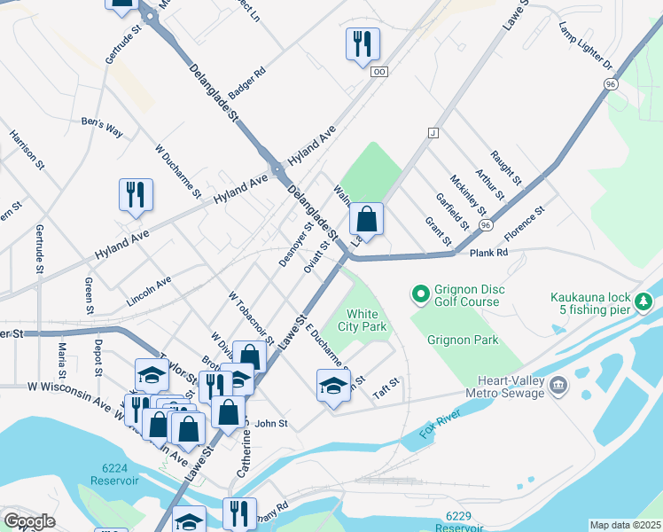 map of restaurants, bars, coffee shops, grocery stores, and more near 1013 Lawe Street in Kaukauna