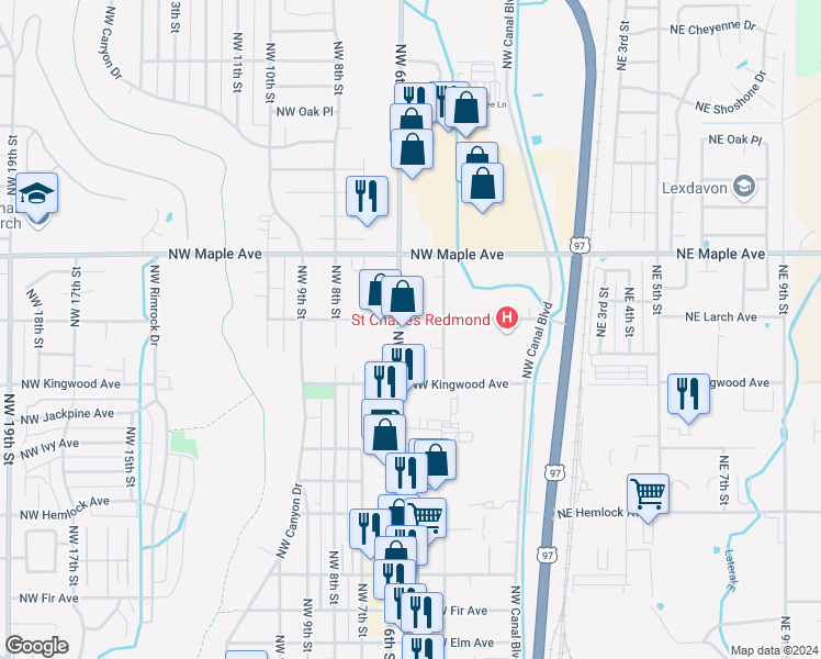 map of restaurants, bars, coffee shops, grocery stores, and more near 484 Northwest Larch Avenue in Redmond