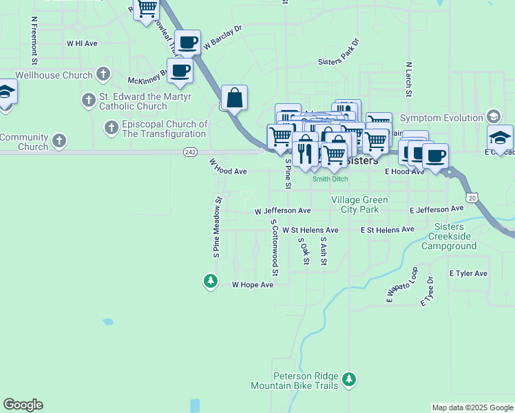 map of restaurants, bars, coffee shops, grocery stores, and more near 526 West Jefferson Avenue in Sisters