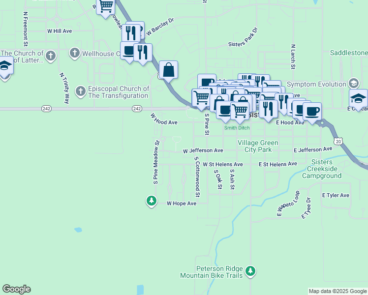 map of restaurants, bars, coffee shops, grocery stores, and more near 526 West Jefferson Avenue in Sisters