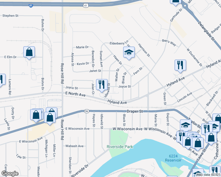map of restaurants, bars, coffee shops, grocery stores, and more near 520 Idlewild Street in Kaukauna