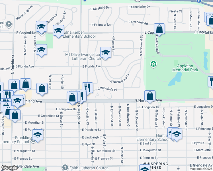map of restaurants, bars, coffee shops, grocery stores, and more near 912 East Windfield Place in Appleton