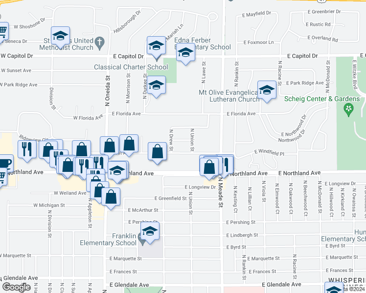 map of restaurants, bars, coffee shops, grocery stores, and more near 2 East Bradford Avenue in Appleton