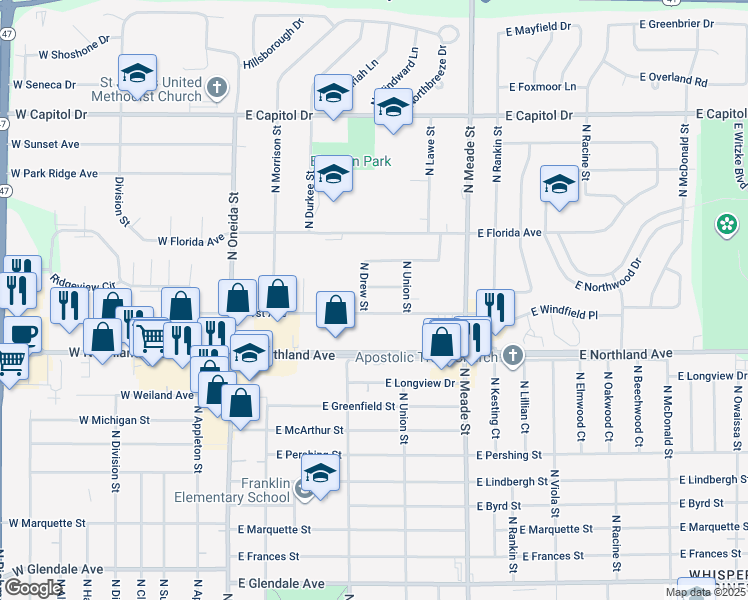 map of restaurants, bars, coffee shops, grocery stores, and more near 2 East Bradford Avenue in Appleton