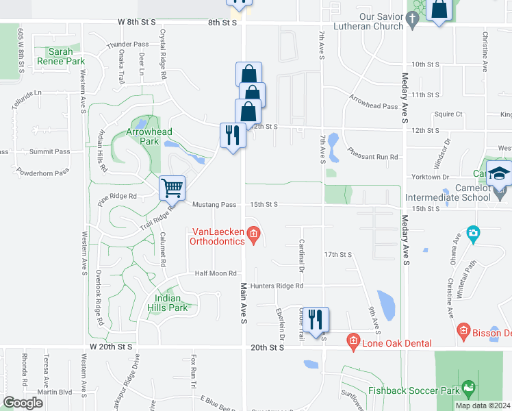 map of restaurants, bars, coffee shops, grocery stores, and more near 423 15th Street South in Brookings