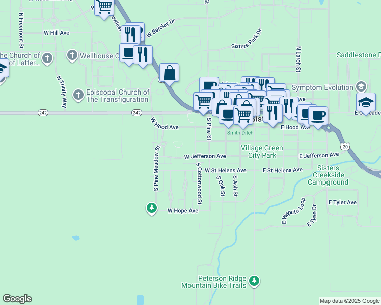 map of restaurants, bars, coffee shops, grocery stores, and more near 526 West Jefferson Avenue in Sisters