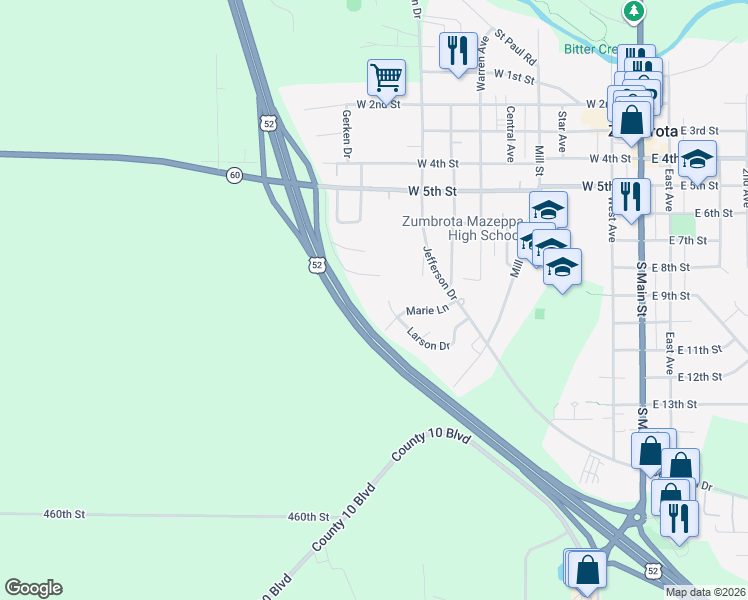 map of restaurants, bars, coffee shops, grocery stores, and more near 936 Larson Drive in Zumbrota