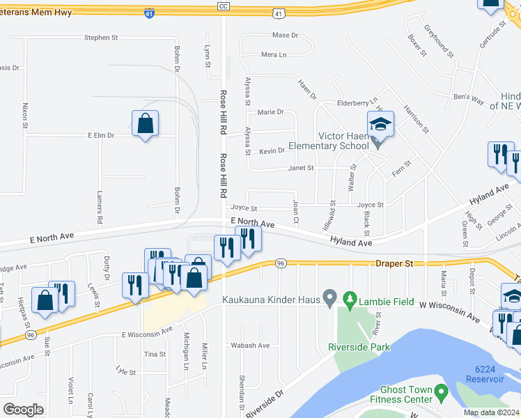 map of restaurants, bars, coffee shops, grocery stores, and more near 2307 Joyce Street in Kaukauna