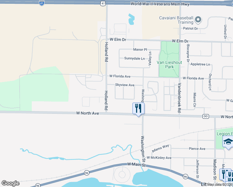 map of restaurants, bars, coffee shops, grocery stores, and more near 1422 Glenview Lane in Little Chute