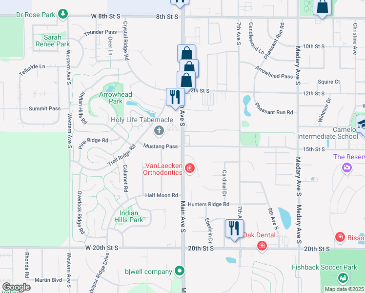 map of restaurants, bars, coffee shops, grocery stores, and more near 1501 Main Avenue South in Brookings