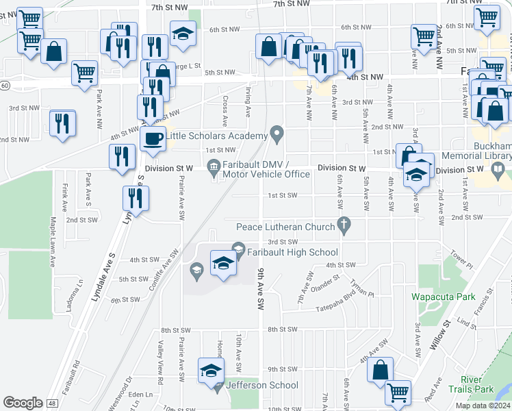 map of restaurants, bars, coffee shops, grocery stores, and more near 114 9th Avenue Southwest in Faribault