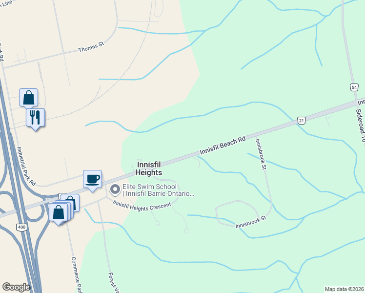 map of restaurants, bars, coffee shops, grocery stores, and more near 3214 Innisfil Beach Road in Innisfil