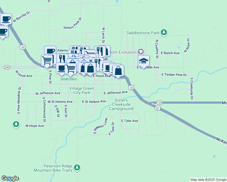 map of restaurants, bars, coffee shops, grocery stores, and more near 358 South Cedar Street in Sisters