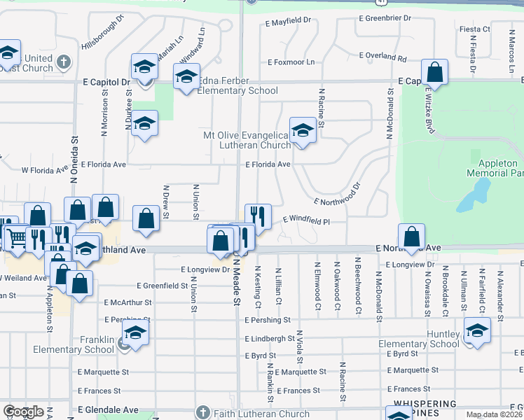 map of restaurants, bars, coffee shops, grocery stores, and more near 837 East Apple Tree Lane in Appleton