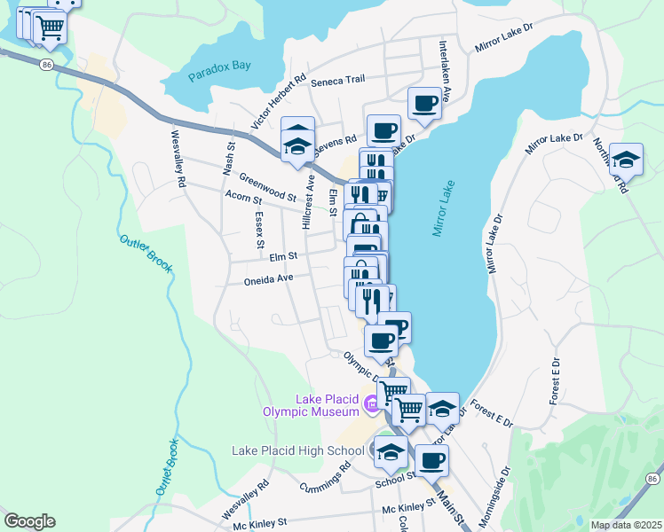 map of restaurants, bars, coffee shops, grocery stores, and more near 92 Hillcrest Avenue in Lake Placid