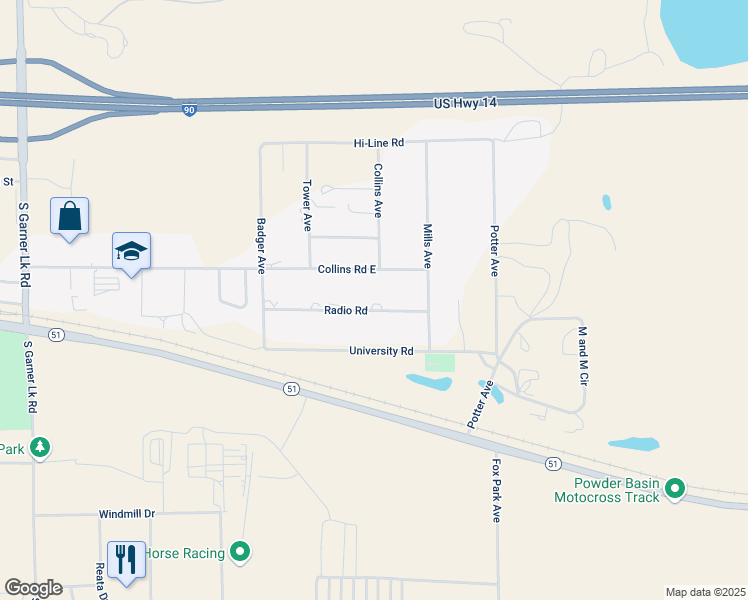 map of restaurants, bars, coffee shops, grocery stores, and more near 4521 Radio Road in Gillette