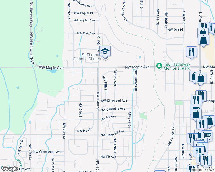 map of restaurants, bars, coffee shops, grocery stores, and more near 1360 Northwest 18th Street in Redmond
