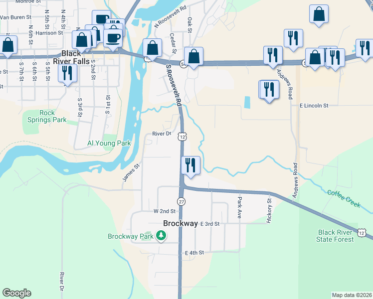 map of restaurants, bars, coffee shops, grocery stores, and more near 137 Gebhardt Road in Black River Falls