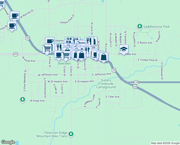 map of restaurants, bars, coffee shops, grocery stores, and more near 386 East Jefferson Avenue in Sisters