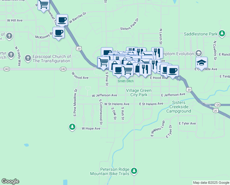 map of restaurants, bars, coffee shops, grocery stores, and more near 375 S Oak St in Sisters