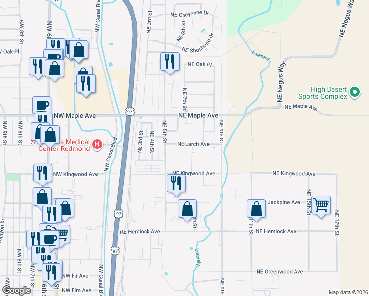 map of restaurants, bars, coffee shops, grocery stores, and more near 608 Northeast Larch Avenue in Redmond