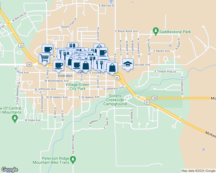 map of restaurants, bars, coffee shops, grocery stores, and more near 358 South Cedar Street in Sisters