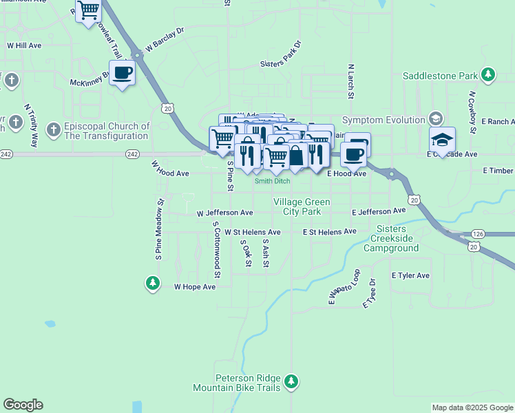 map of restaurants, bars, coffee shops, grocery stores, and more near 375 South Oak Street in Sisters