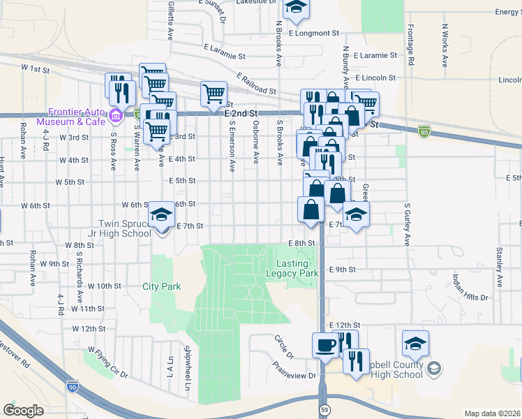 map of restaurants, bars, coffee shops, grocery stores, and more near 603 Osborne Avenue in Gillette