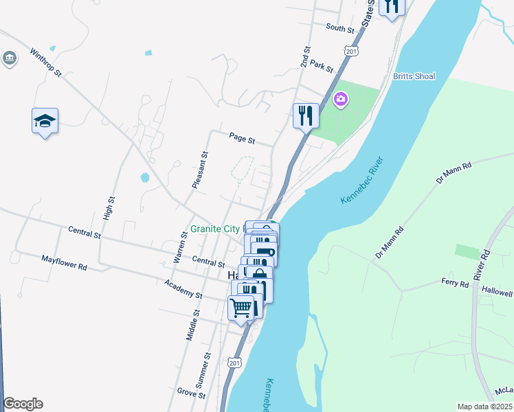 map of restaurants, bars, coffee shops, grocery stores, and more near 3 Lincoln Street in Hallowell