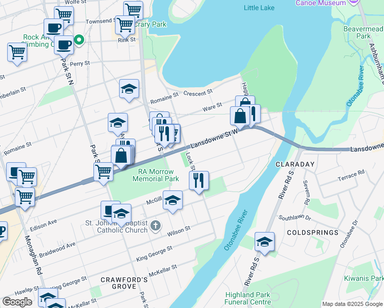 map of restaurants, bars, coffee shops, grocery stores, and more near 838 Lock Street in Peterborough