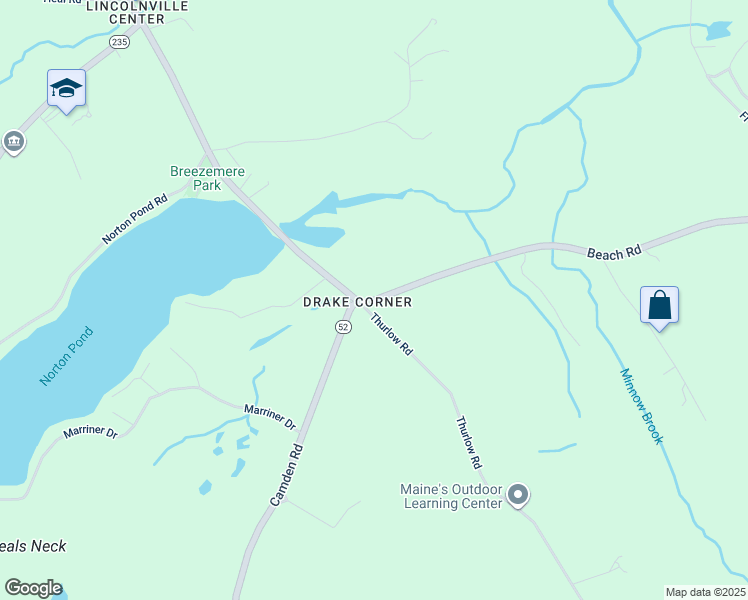 map of restaurants, bars, coffee shops, grocery stores, and more near 111 Beach Road in Lincolnville