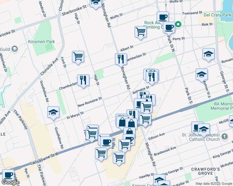 map of restaurants, bars, coffee shops, grocery stores, and more near 644 Romaine Street in Peterborough