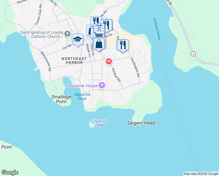 map of restaurants, bars, coffee shops, grocery stores, and more near 29 South Shore Road in Mount Desert