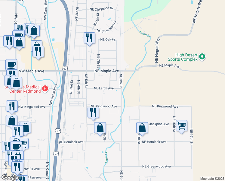 map of restaurants, bars, coffee shops, grocery stores, and more near 834 Northeast Larch Avenue in Redmond