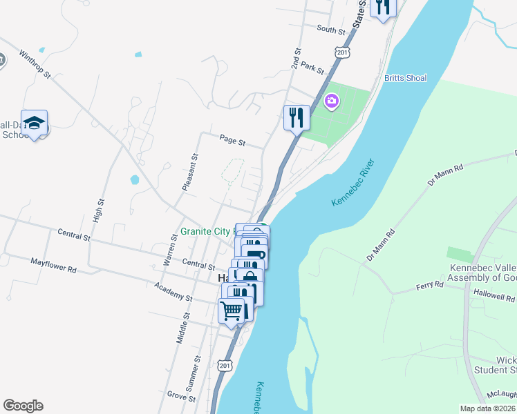 map of restaurants, bars, coffee shops, grocery stores, and more near 3 Lincoln Street in Hallowell