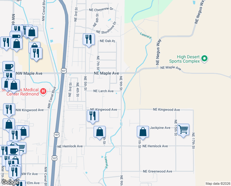 map of restaurants, bars, coffee shops, grocery stores, and more near 834 Northeast Larch Avenue in Redmond