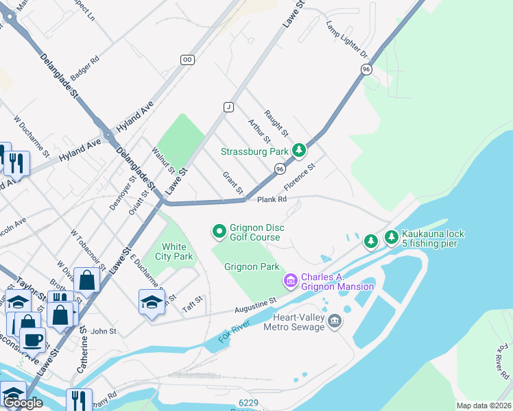 map of restaurants, bars, coffee shops, grocery stores, and more near 416 Plank Road in Kaukauna