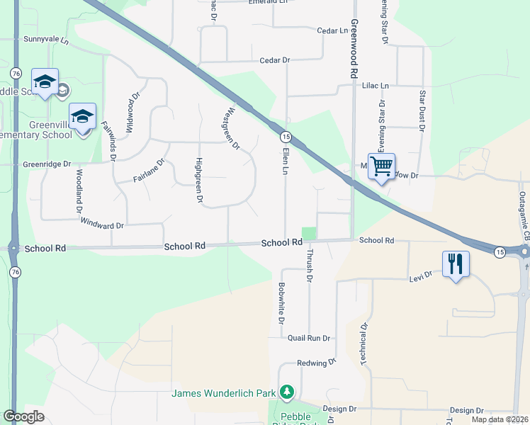 map of restaurants, bars, coffee shops, grocery stores, and more near N1342 Westgreen Court in Greenville