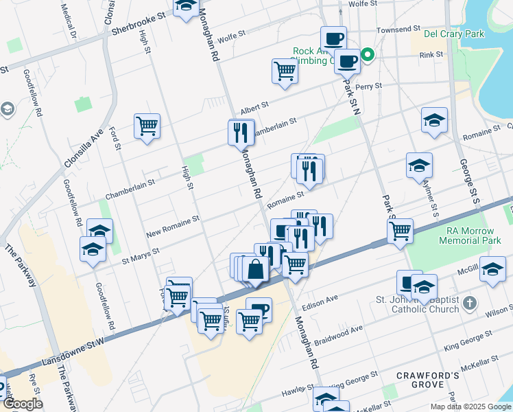 map of restaurants, bars, coffee shops, grocery stores, and more near 607 Romaine Street in Peterborough
