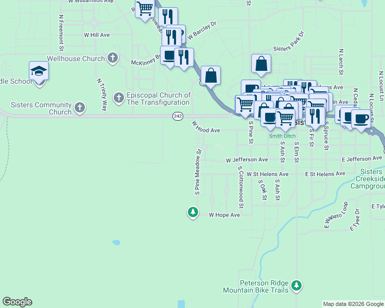 map of restaurants, bars, coffee shops, grocery stores, and more near 373 South Pine Meadow Street in Sisters