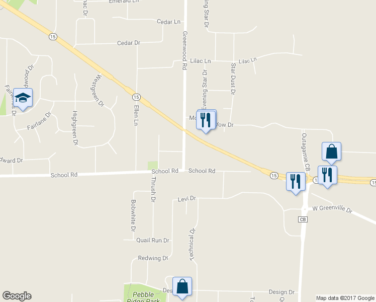 map of restaurants, bars, coffee shops, grocery stores, and more near N1334 Greenwood Road in Greenville