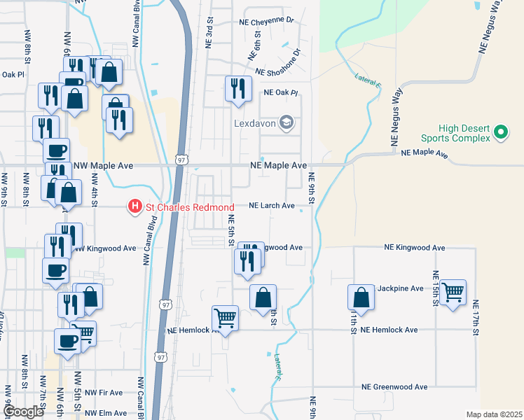 map of restaurants, bars, coffee shops, grocery stores, and more near 608 Northeast Larch Avenue in Redmond