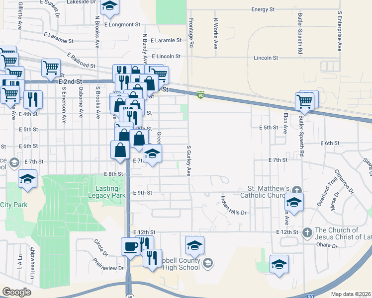 map of restaurants, bars, coffee shops, grocery stores, and more near 924 East 6th Street in Gillette