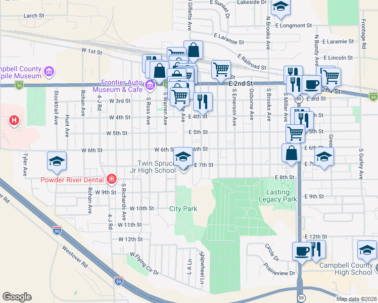 map of restaurants, bars, coffee shops, grocery stores, and more near 601 South Gillette Avenue in Gillette
