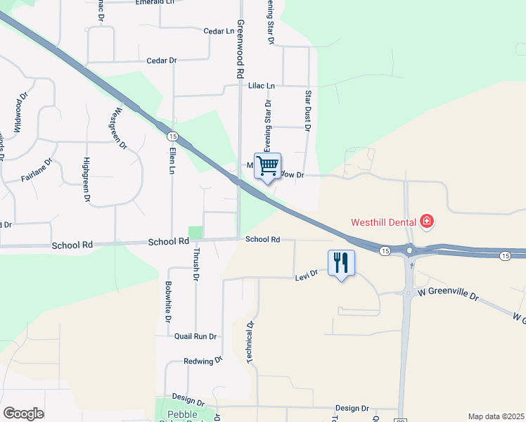 map of restaurants, bars, coffee shops, grocery stores, and more near W6463 Greenville Dr in Greenville
