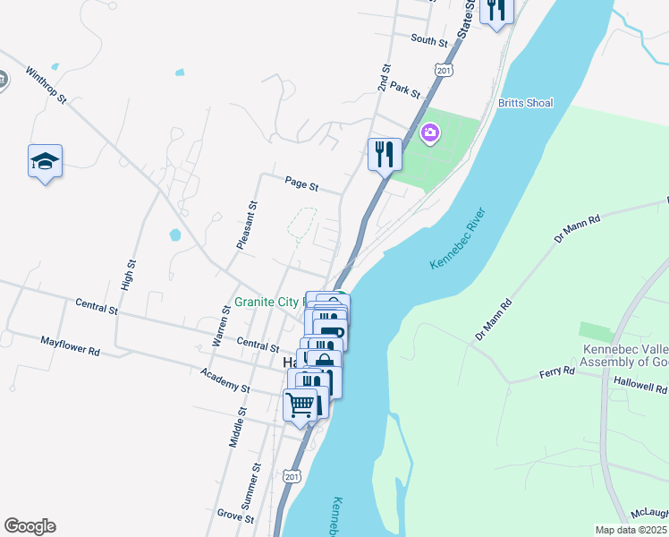 map of restaurants, bars, coffee shops, grocery stores, and more near 3 Lincoln Street in Hallowell